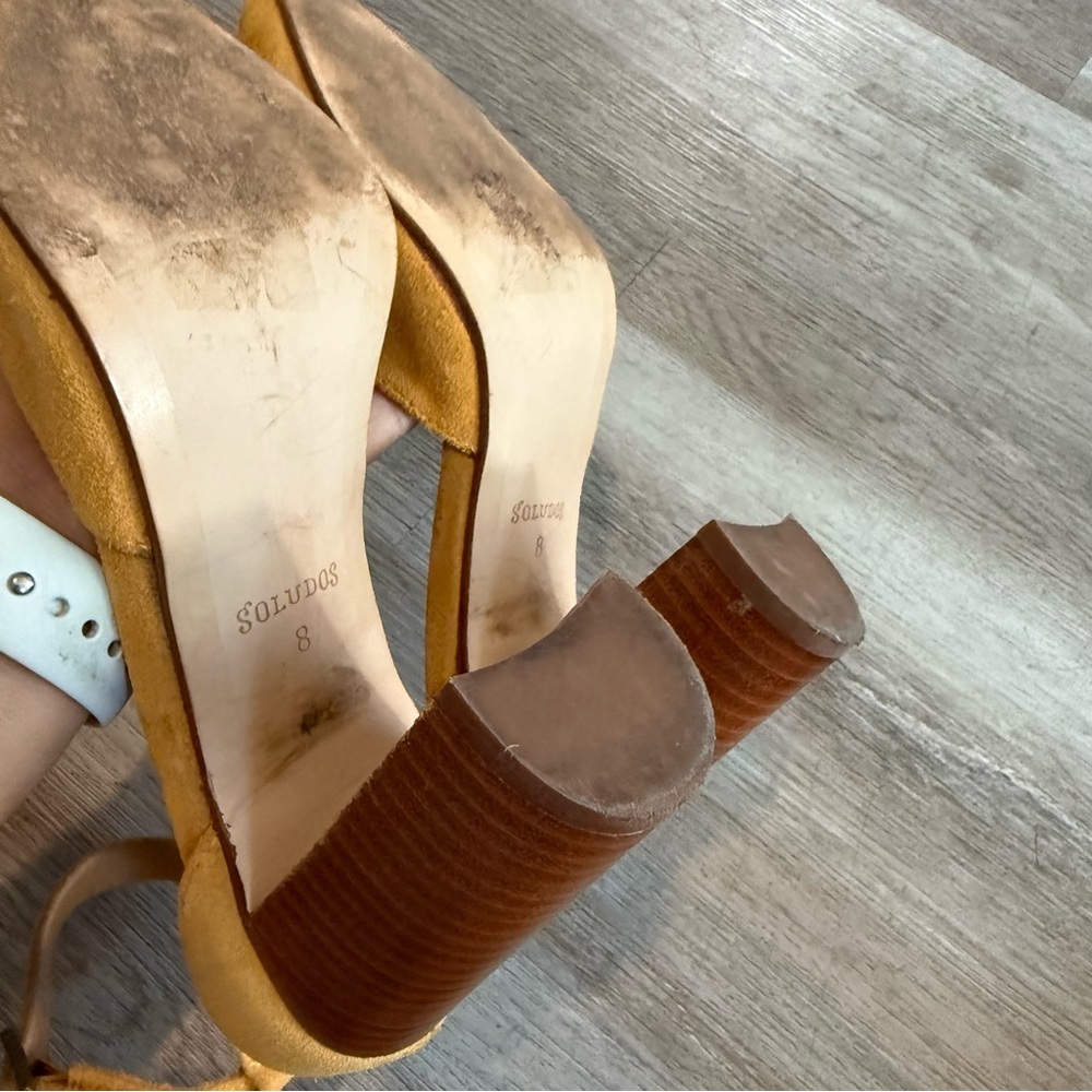 Soludos Mustard Suede Block Heel Ankle Strap Pumps - Picture 4 of 8